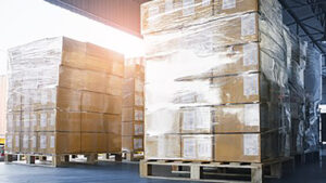 shrink-wrapped cartons on pallets on loading dock